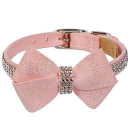 Susan Lanci Designs Puppy Pink Glitzerati Nouveau Bow 3 Row Giltmore Collar (Color: Puppy Pink, Size: Large)