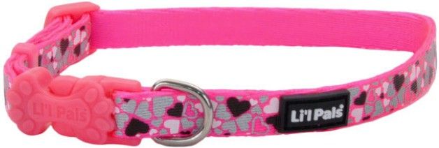 Lil Pals Reflective Collar Pink with Hearts (Size: 8-12"L x 3/8"W)